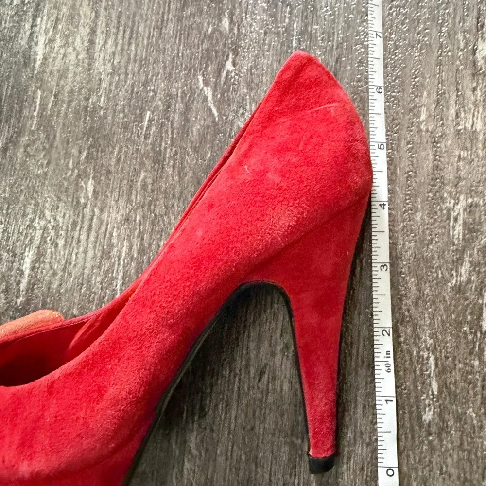Bailing Li Ren Red Suede Platform Heels with Glitter Bow Pumps Women Size 5.5
